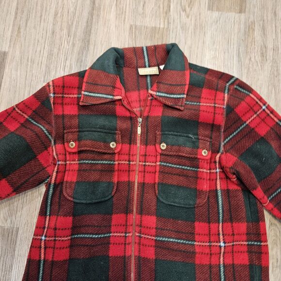 Vtg Liz Claiborne Fleece Shacket Womens M Plaid Jacket Cabincore Cottage Red Grn - Picture 2 of 8